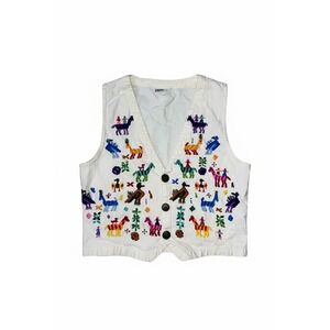 Vintage Embroidered Animal Motif Denim Vest White V-Neck Button Front Folk Art
